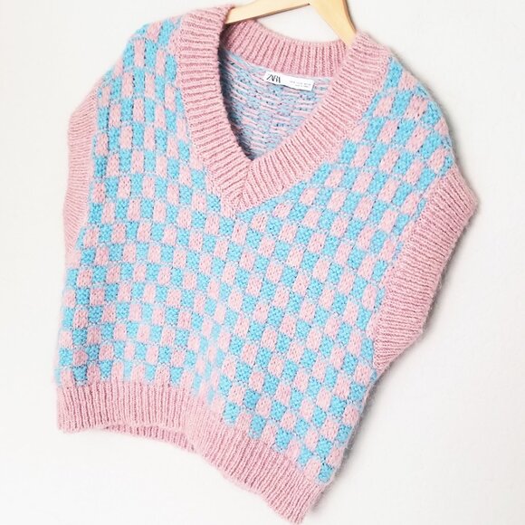 Zara Pink Blue Wool Blend Knit Vest V-neckline Checkerboard S Preppy Classic - Picture 13 of 15